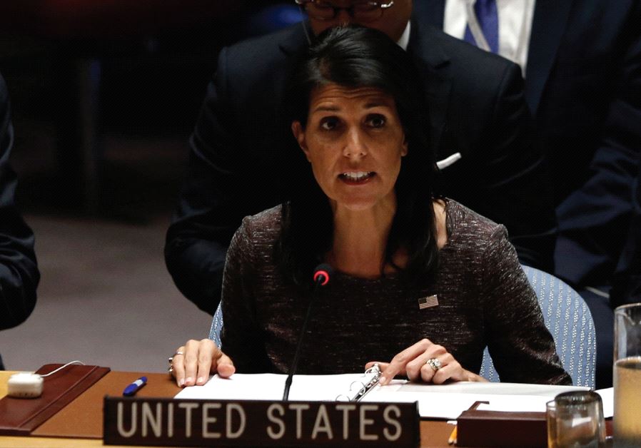 US AMBASSADOR to the United Nations Nikki Haley speaks following a vote at the Security Council (Reuters)