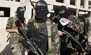 Masked Hamas men prepare for press conference