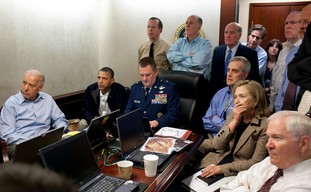 Situation Room watches update on bin Laden raid.