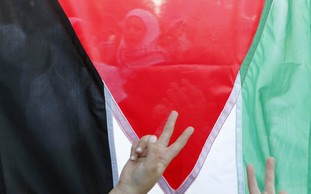 Victory signs flashed in front of Palestinian flag - Photo: REUTERS/Ali Jarekji