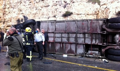 Overturned bus in Jerusalem