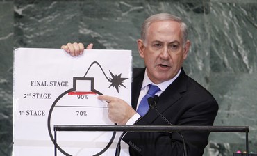 Netanyahu draws red line on bomb graphic