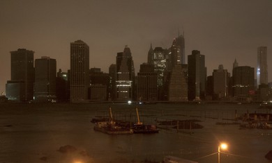 Dark Manhattan skyline in Hurricane Sandy.