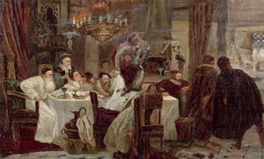 Marranos: Secret Seder in Spain during the times of inquisition, painting by Moshe Maimon.