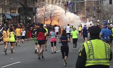 Explosion erupts at the finish line of the Boston marathon, April 15, 2013.