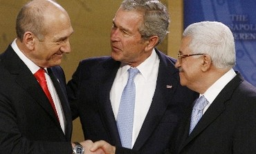 Former PM Ehud Olmert, Former US president George W. Bush, PA President Mahmoud Abbas
