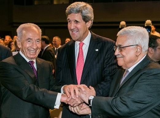 President Shimon Peres, US Secretary of State John Kerry and PA President Mahmoud Abbas.