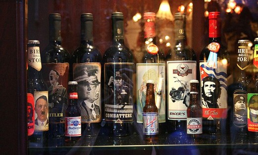 Beer and wine bottles with Adolf Hitler, Mussolini, Che Guevara and others, found in Cefalù, Sicily