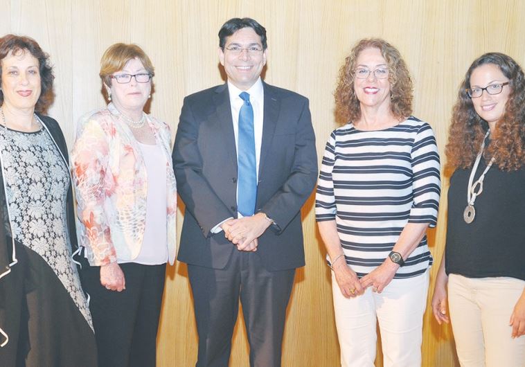 Danny Danon is flanked by Nurit Yirmiya, Maxine Fassberg, Rivka Carmi, Revital Hendler