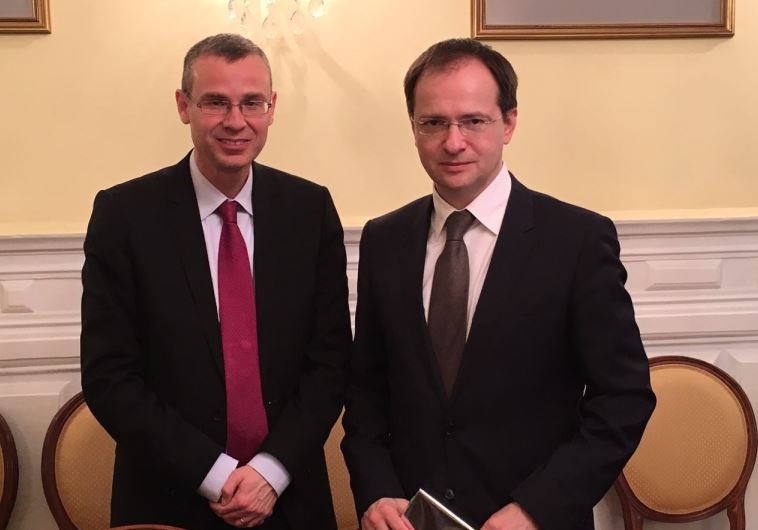 Minister of Tourism Yariv Levin (left) meets with Russia’s Minister of Culture Vladimir Medinsky i