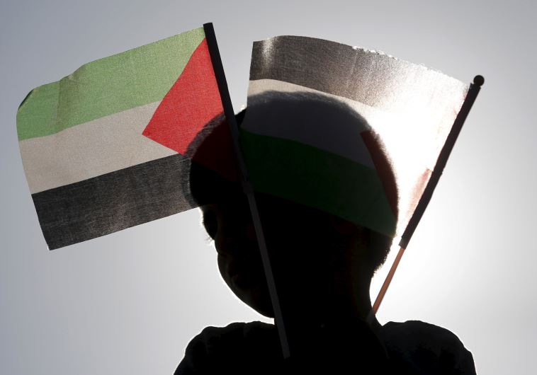 A Beduin boy holds Palestinian flags as he takes part in a rally marking Land Day in Umm el-Hiran