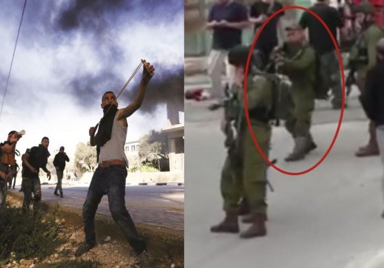 Splitscreen: Palestinian with slingshot at demonstration and IDF soldier who shot dead a wounded ter