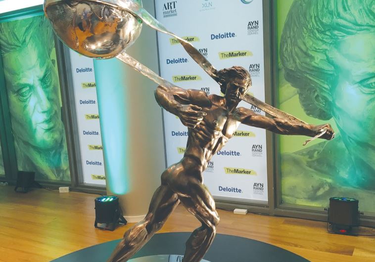 THIS ATLAS SHRUGGED model sculpture by Richard Minns is displayed in the lobby of the Tel Aviv Stock