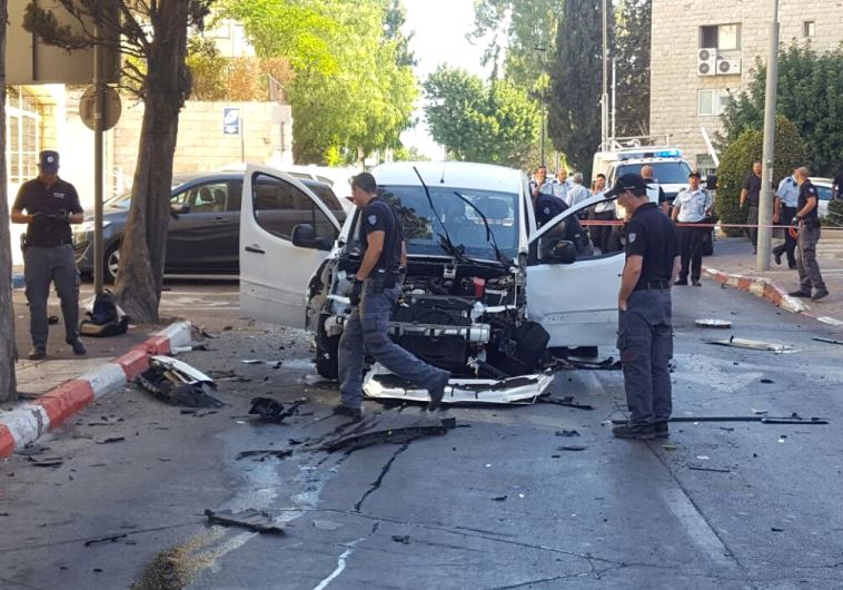 An exploded car in Jerusalem. 