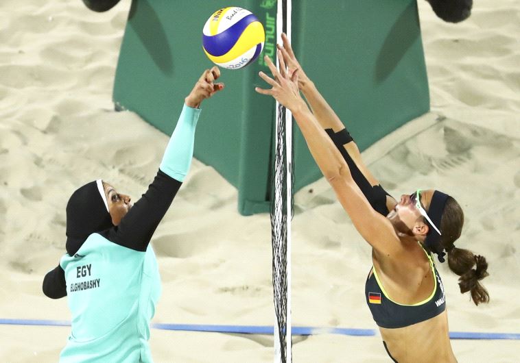 Egyptian and German beach volleyball players compete in 2016 Rio Olympics