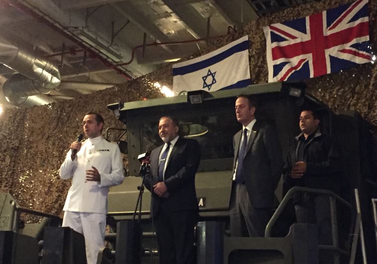 Defense Minister Avigdor Liberman aboard the HMS BULWARK