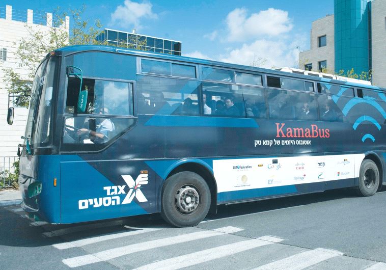 ULTRA-ORTHODOX participants take a ride last week on KamaTech’s entrepreneur bus. Their trip took th
