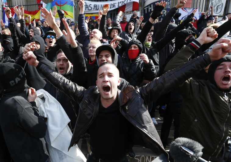 Right-wing demonstrators protest against terrorism in front of the old stock exchange in Brussels