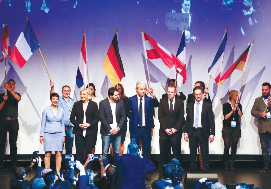 LEADERS OF far-right European political parties arrive on stage for a meeting in Germany over the we