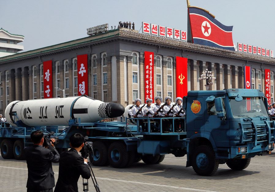 A North Korean navy truck carries the 'Pukkuksong' submarine-launched ballistic missile (SLBM) durin