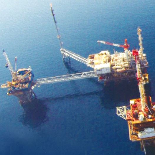 AN AERIAL SHOT of Prinos, a Greek oil reservoir that belongs to the energy firm Energean.