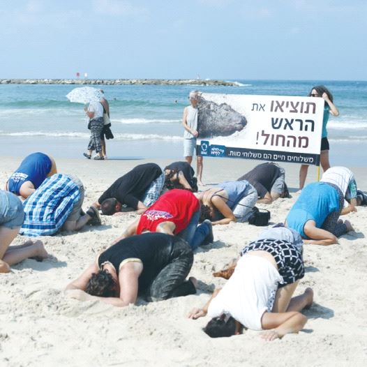 ‘STOP BURYING your heads in the sand!’ the sign reads at Friday’s protest on the Tel Aviv shore.
