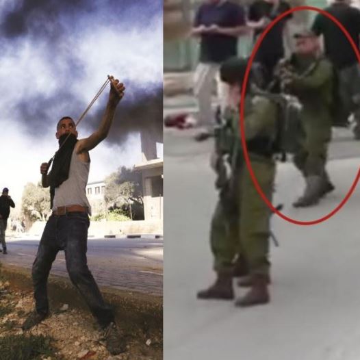 Splitscreen: Palestinian with slingshot at demonstration and IDF soldier who shot dead a wounded ter