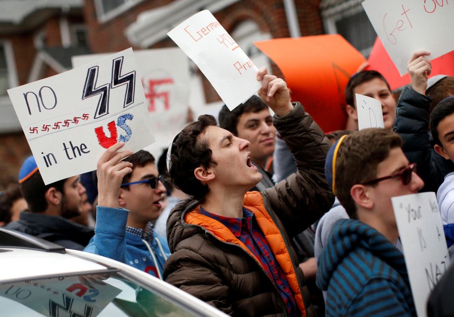 Students from Rambam Mesivta-Maimonides High School protest outside the home of Jakiw Palij in New Y