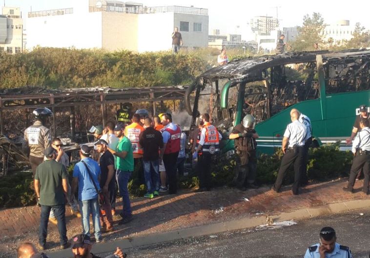 Scene of exploded bus in Jerusalem, April 18, 2016