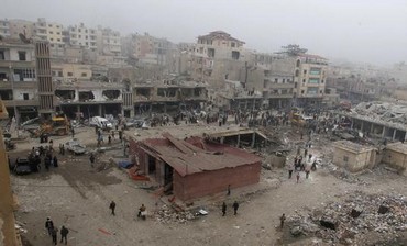 Rubble of damaged buildings in Syria