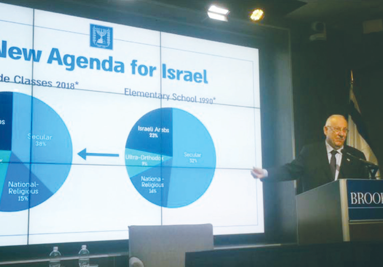 PRESIDENT REUVEN RIVLIN speaks Thursday at the Brookings Institution in Washington on the ‘New Israe