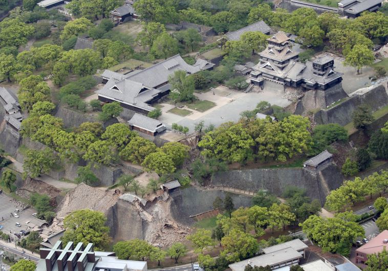 Damaged Kumamoto Castle caused by earthquakes is seen in Kumamoto, southern Japan, in this photo tak