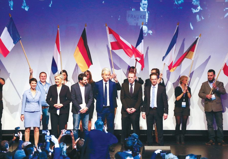 LEADERS OF far-right European political parties arrive on stage for a meeting in Germany over the we