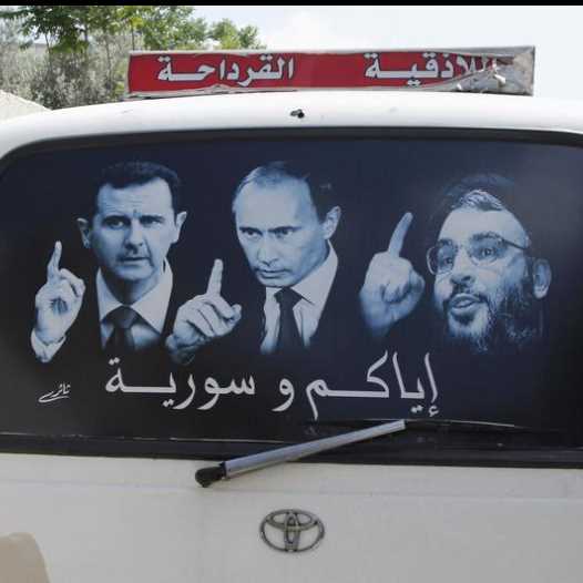 Syrian President Bashar Assad (L), Russian President Vladimir Putin (C) and Hassan Nasrallah