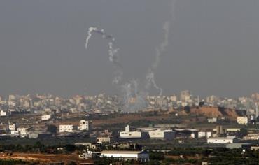 Trails of smoke from Gazan rockets fired at Israel
