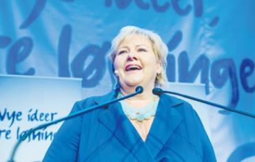NORWEGIAN CONSERVATIVE LEADER Erna Solberg addresses supporters, Sept 9
