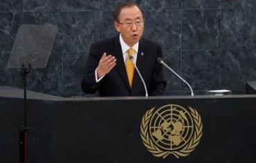 UN Secretary General Ban Ki-moon addresses the opening of the UN General Assembly, Sept. 24, 2013. 