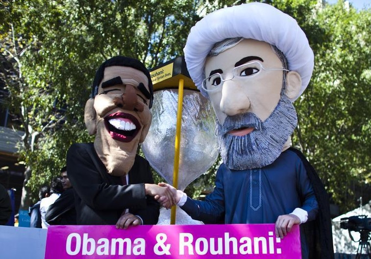 Protesters mock Hassan Rouhani and Barack Obama
