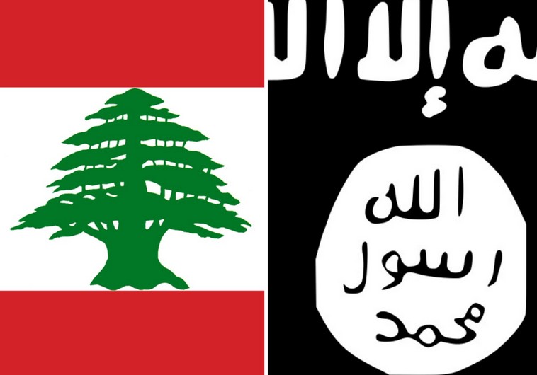 The flags of Lebanon and Islamic State