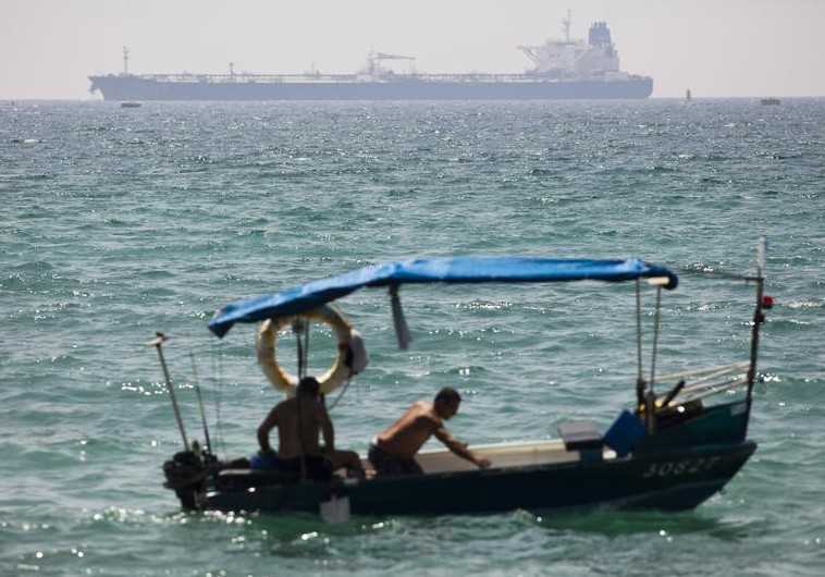 A Kurdish oil tanker is seen off the coast of Ashkelon
