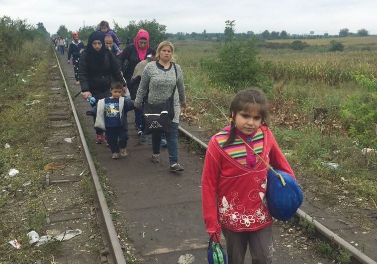 REFUGEES WALK along train tracks leading from Serbia into Hungary on Friday
