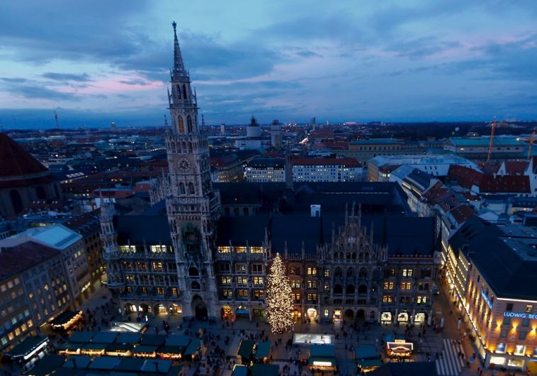 A view shows Munich's illuminated townhall and the Christmas market