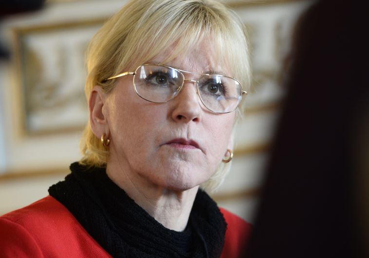 Swedish Foreign Minister Margot Wallstrom gestures during an interview with Swedish TT News Agency a
