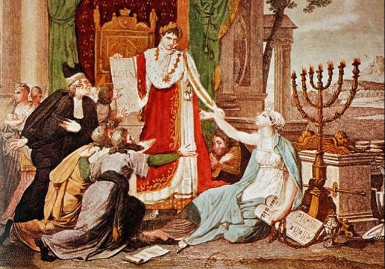 An 1806 French print depicts Napoleon Bonaparte emancipating the Jews