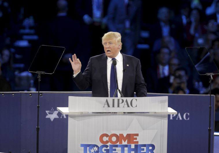 Republican US presidential candidate Donald Trump addresses the American Israel Public Affairs Com