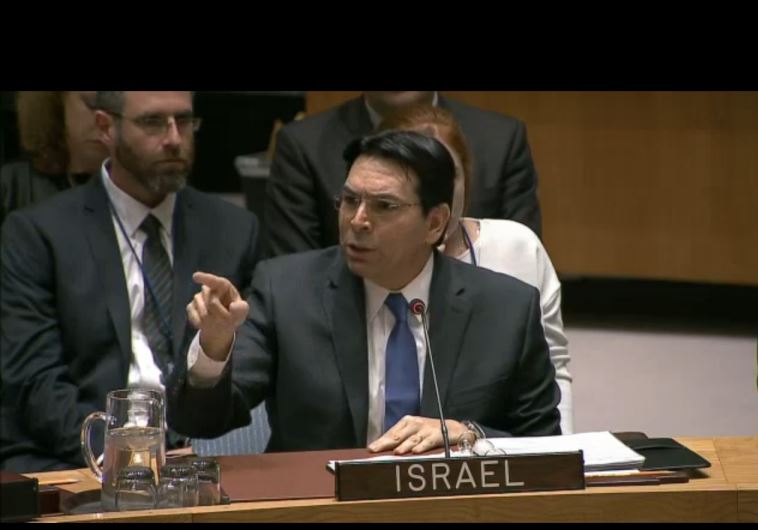 Israeli Ambassador to the UN Danny Danon speaking at the UN Security Council. Terror victim Dafna Me