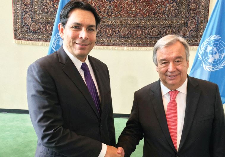 AMBASSADOR DANNY DANON shakes hands with incoming UN Secretary-General Antonio Guterres in New York 