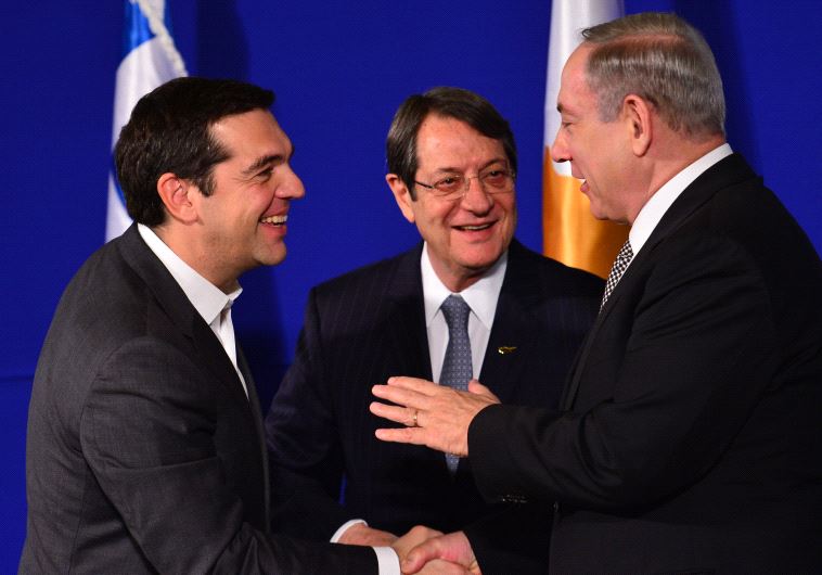 Israeli PM Netanyahu, Greek PM Tsipras and Cyprus President Anastasiades in a trilateral summit