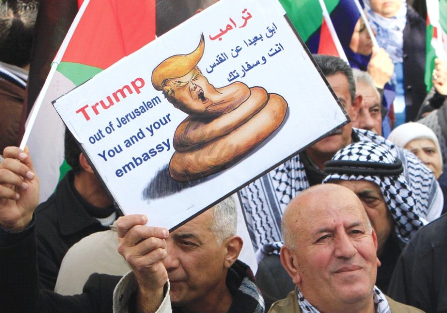 PALESTINIANS PROTEST in Nablus on Thursday against a promise by President Donald Trump to relocate t