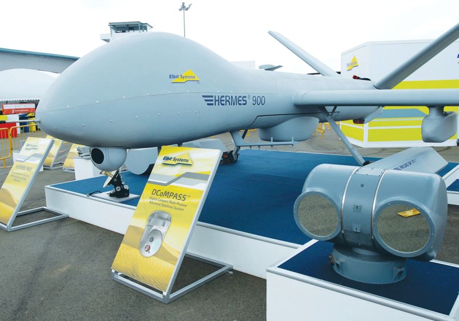 AN ELBIT SYSTEMS Hermes 900 medium-size, multi-payload drone is exhibited at the Singapore Airshow l